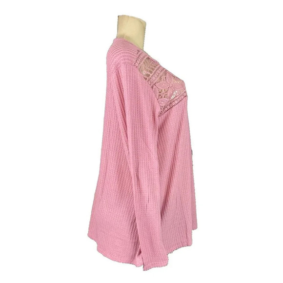 Torrid 0 Pink Textured Sheer Open Mesh Lace Detail Crew Neckline Long Sleeve Top - Picture 5 of 6